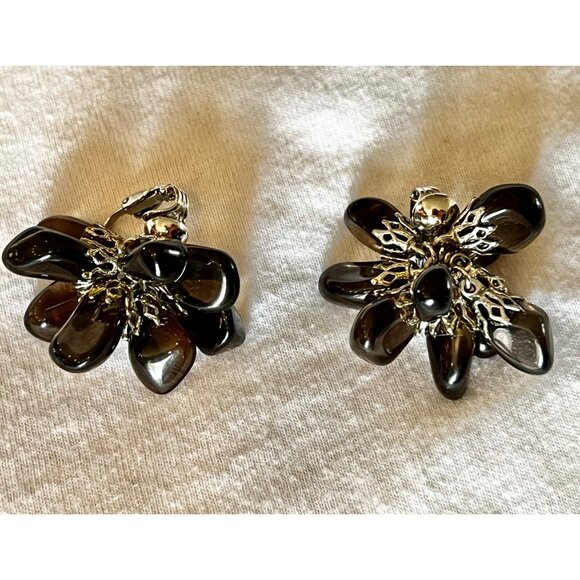 Unknown Jewelry - Obsidian Flower Clip-On Cluster Earrings vintage Dark Brown